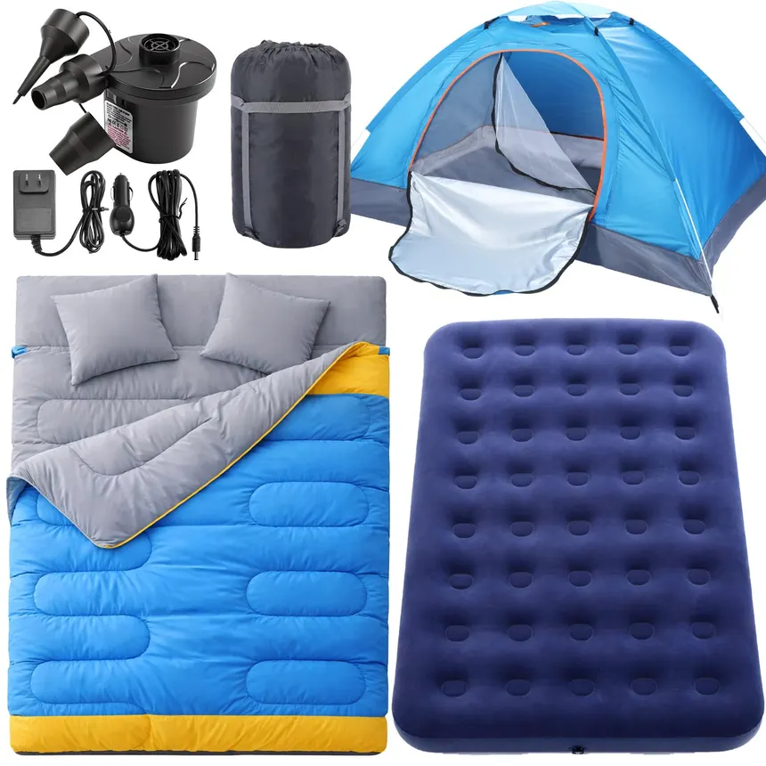 Camping Kit with Tent, Double Sleeping Bag, and Air Mattress
